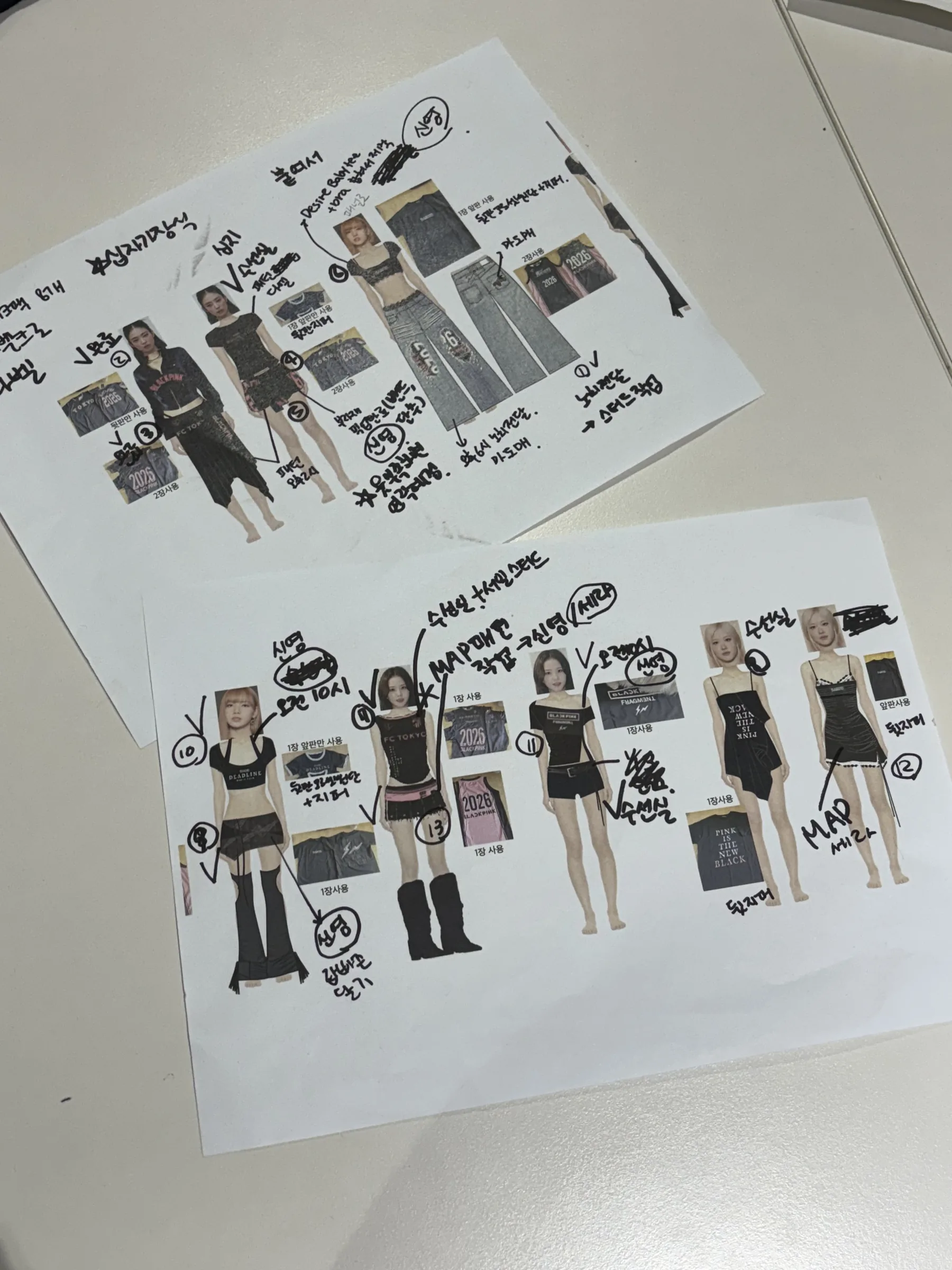 Design sheets for the BLACKPINK DEADLINE tour pieces, hand-annotated