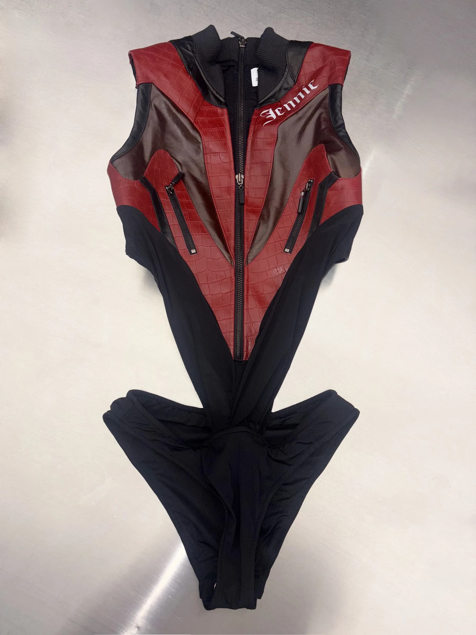 Zip bodysuit in red and black leather