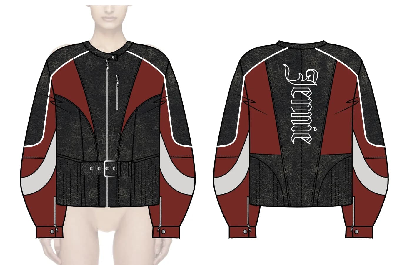 Patchwork-leather moto jacket with "Jennie" script — front and back