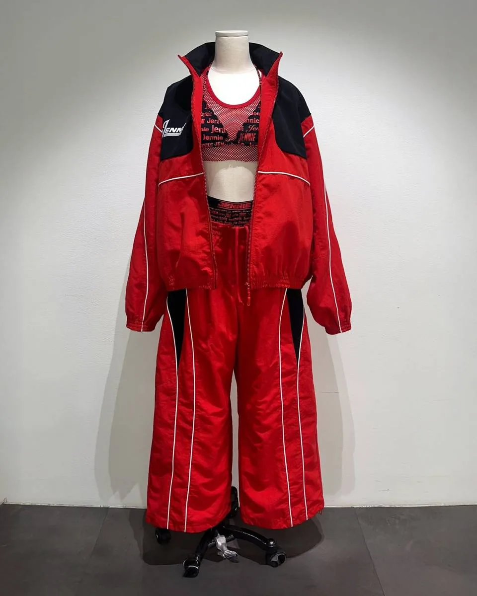 “JENNIE” print set — red track jacket and shorts
