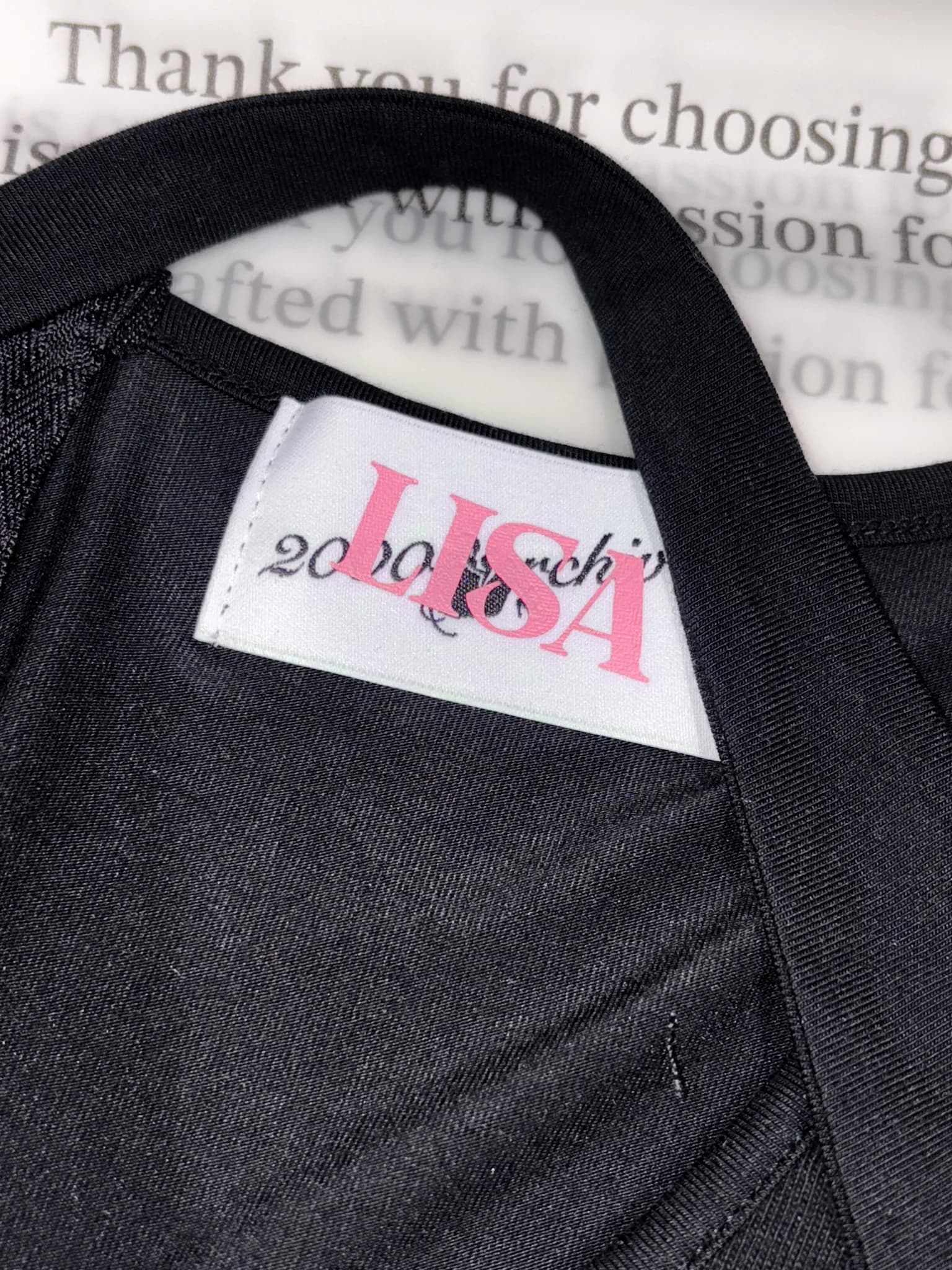 "Thank you for choosing us" — the inside label of a custom piece