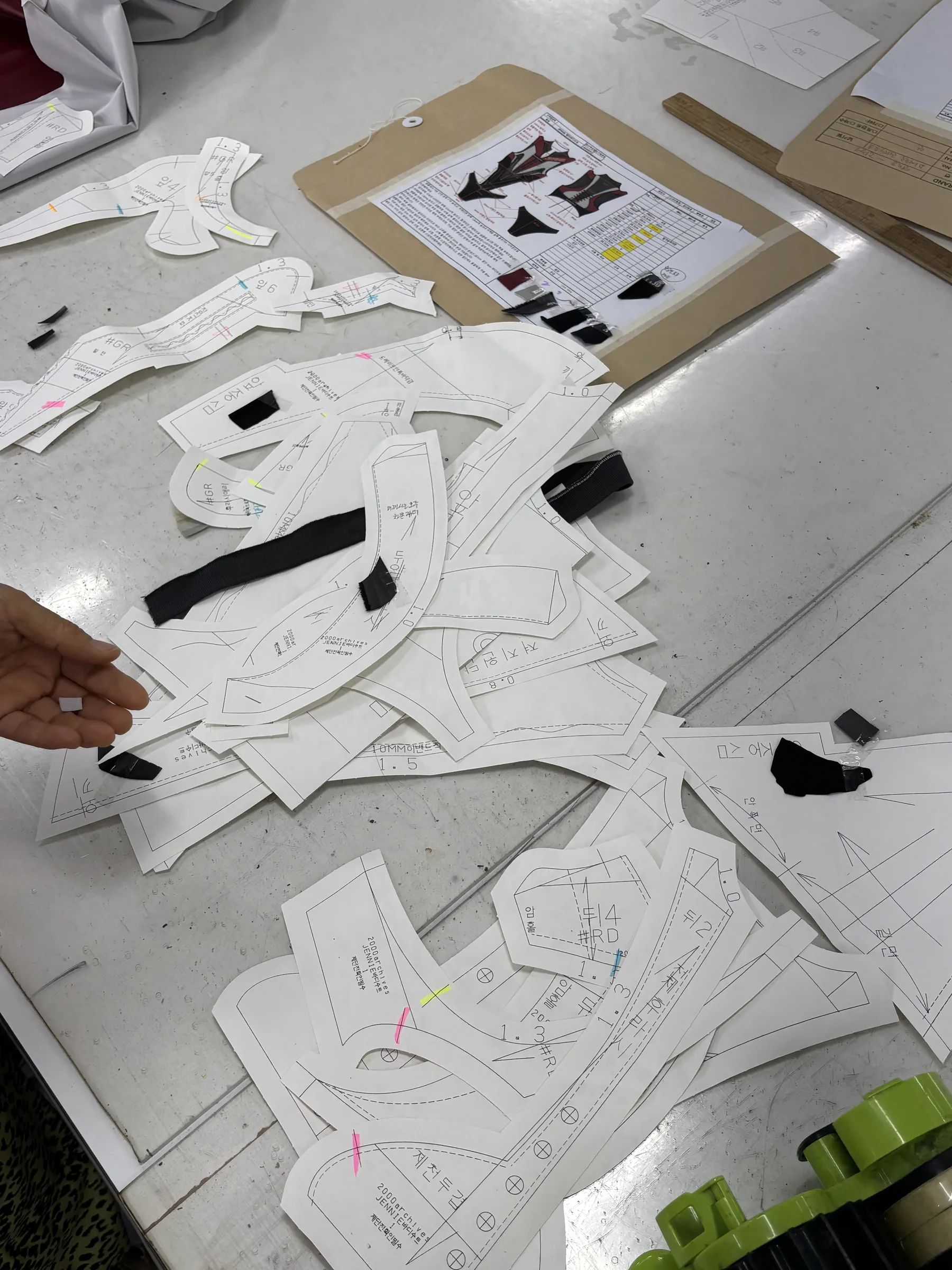 Pattern pieces laid out on the cutting table