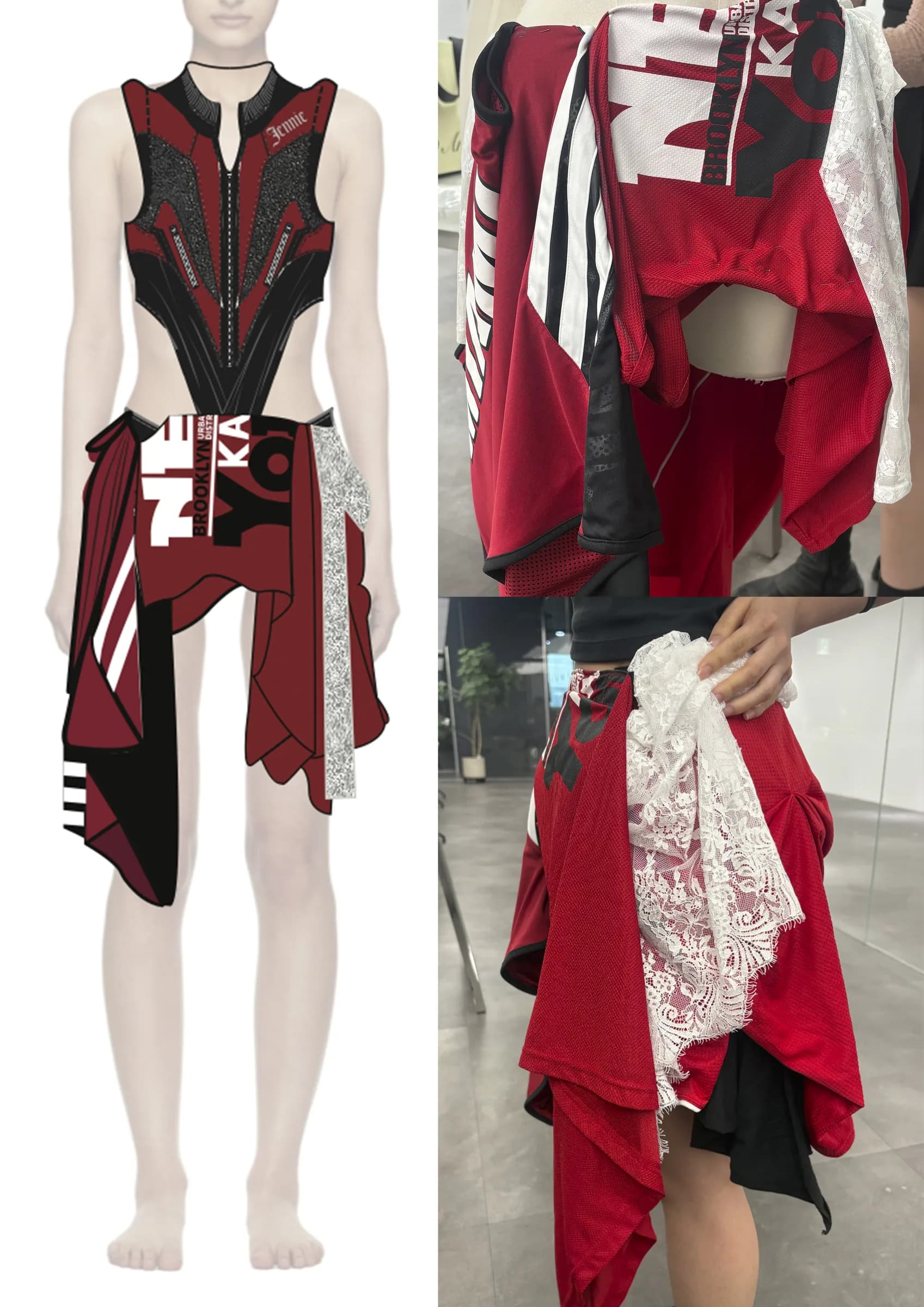 Custom red-and-black stage set — flat and detail
