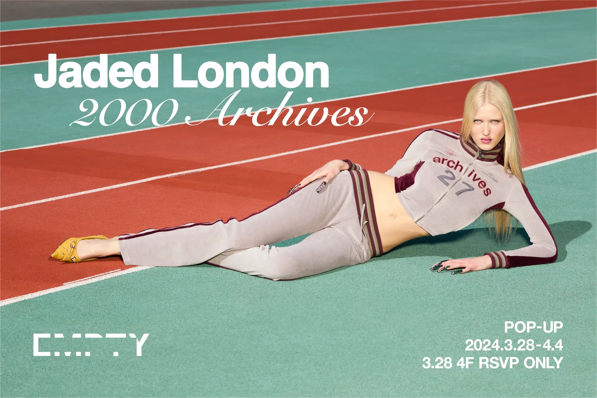 Jaded London × 2000Archives — SS24 capsule key visual on a running track