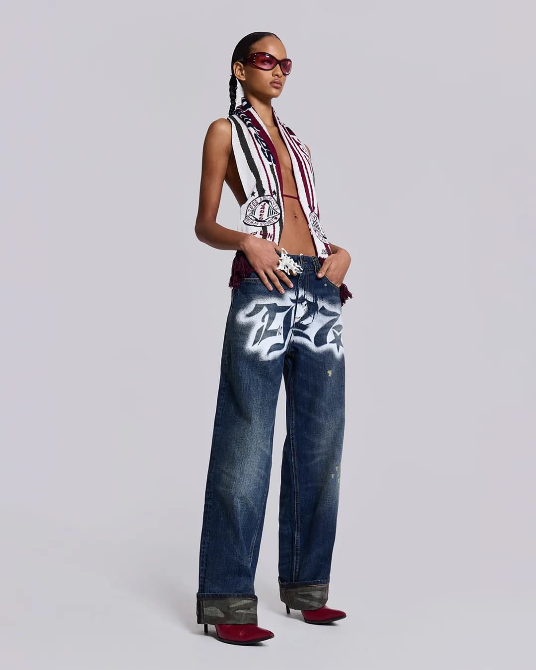 Jaded London × 2000Archives — reversible halter-scarf and airbrush jeans